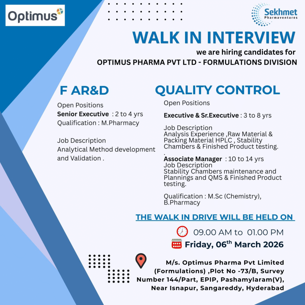 Optimus Pharma Walk-in Interview – FAR&D & Quality Control Jobs in Hyderabad