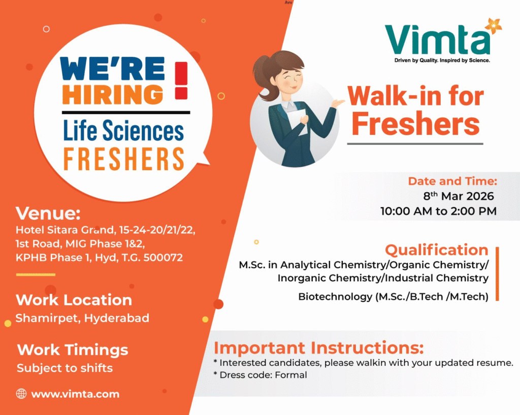 Vimta Labs Walk-in Interview – Life Sciences Freshers Jobs in Hyderabad