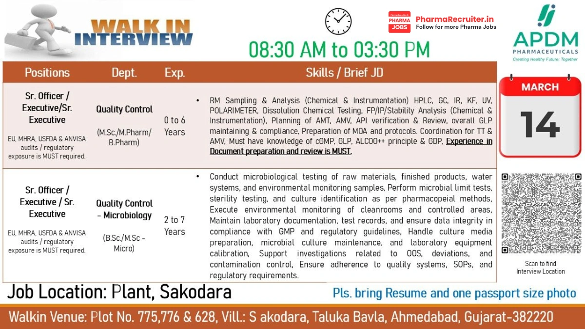 APDM Pharmaceuticals Walk-in Interview for Quality Control Positions – QC Chemical & Microbiology