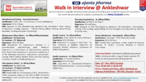Ajanta Pharma Walk-in Interview – Multiple Openings in Production, Packing, Maintenance, QC, QA & Stores