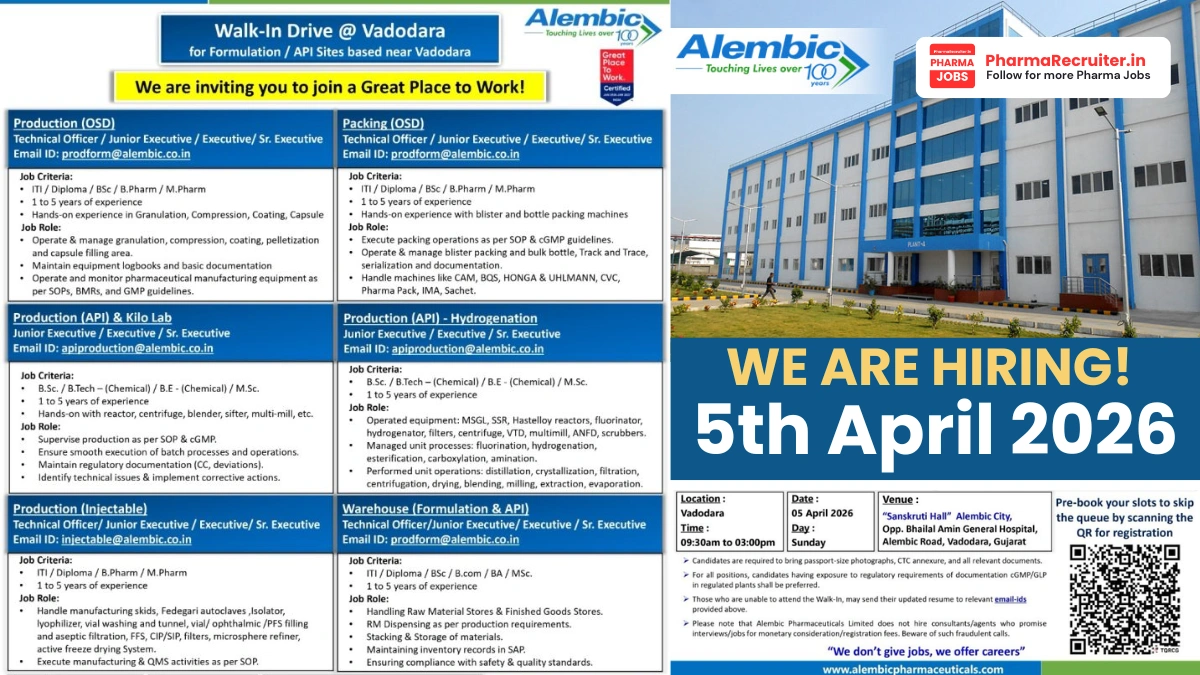 Alembic Pharmaceuticals Walk-in Drive for Production, Packing, Warehouse & API Jobs in Vadodara