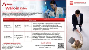 Aspiro Pharma Limited (Hetero Group) Walk-in Drive – Injectable Production Roles on 18 March 2026