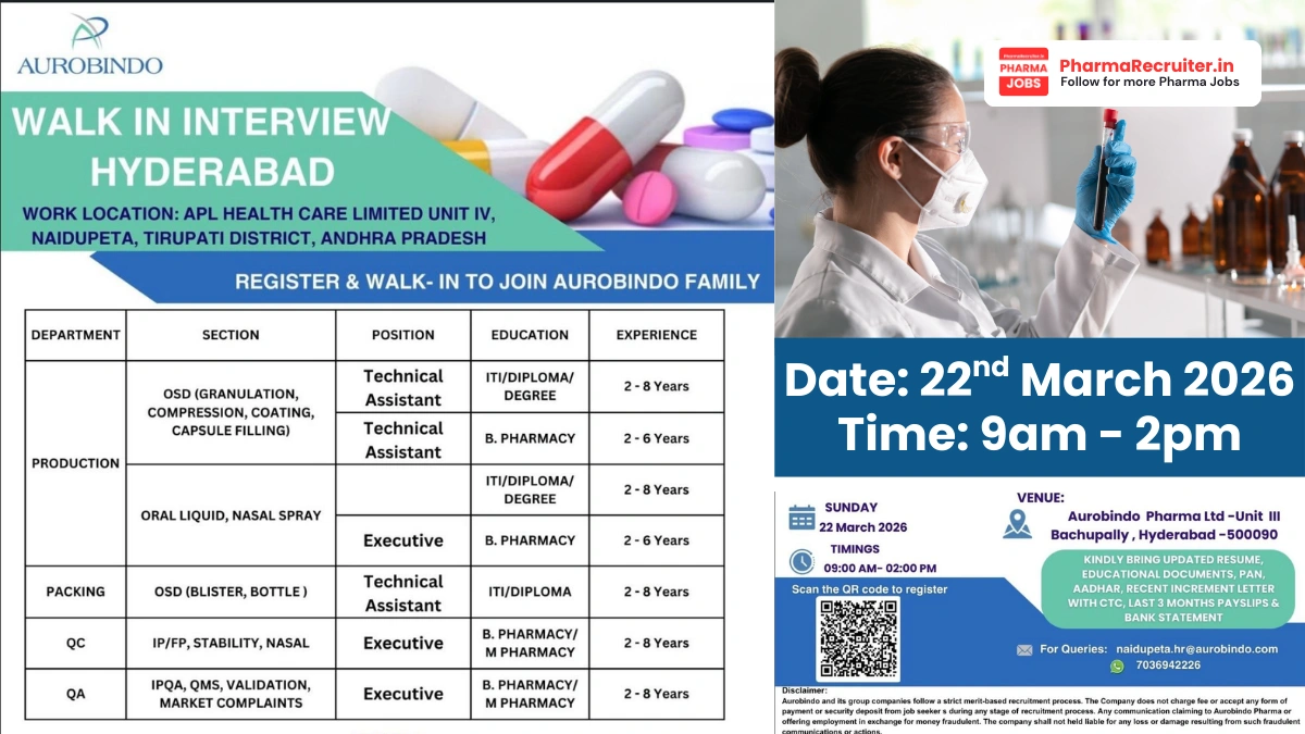 Aurobindo Pharma - Hiring for Production, Packing, QA & QC Jobs