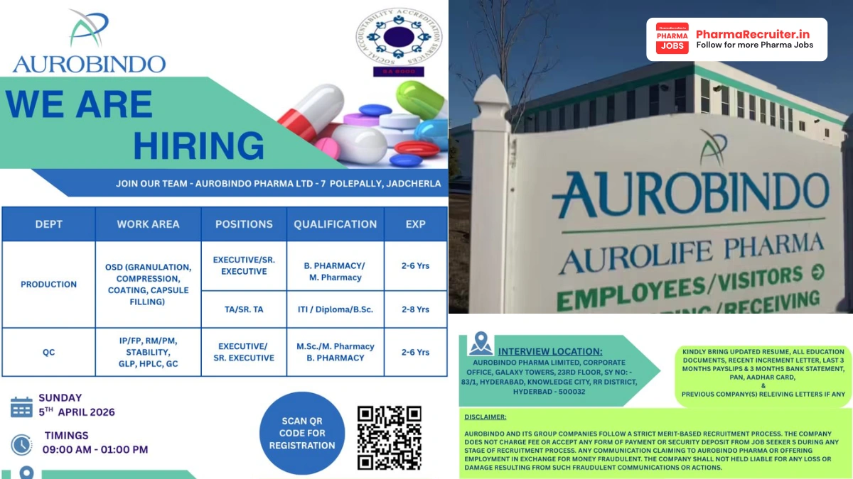 Aurobindo Pharma Hiring for Production & QC Jobs