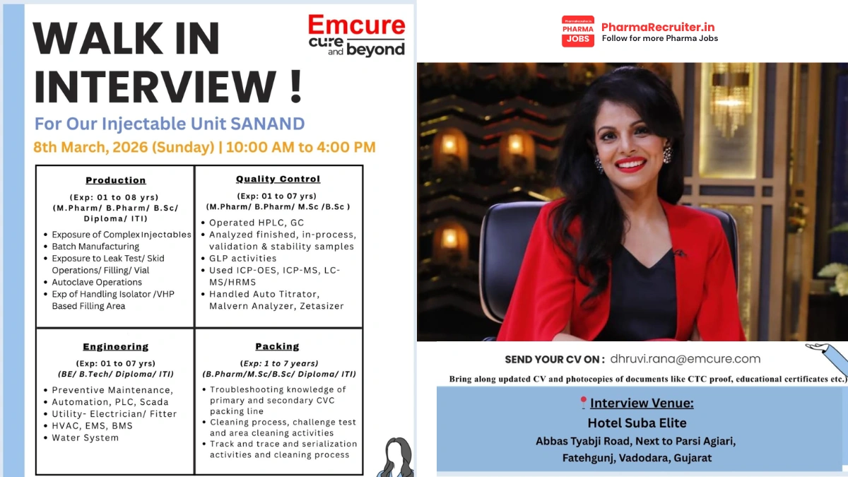 Emcure Pharmaceuticals Walk-in Interview for Production, QC, Engineering & Packing Jobs