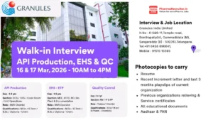 Granules India Walk-in Interview for API Production, EHS & QC Opportunities in Bonthapally