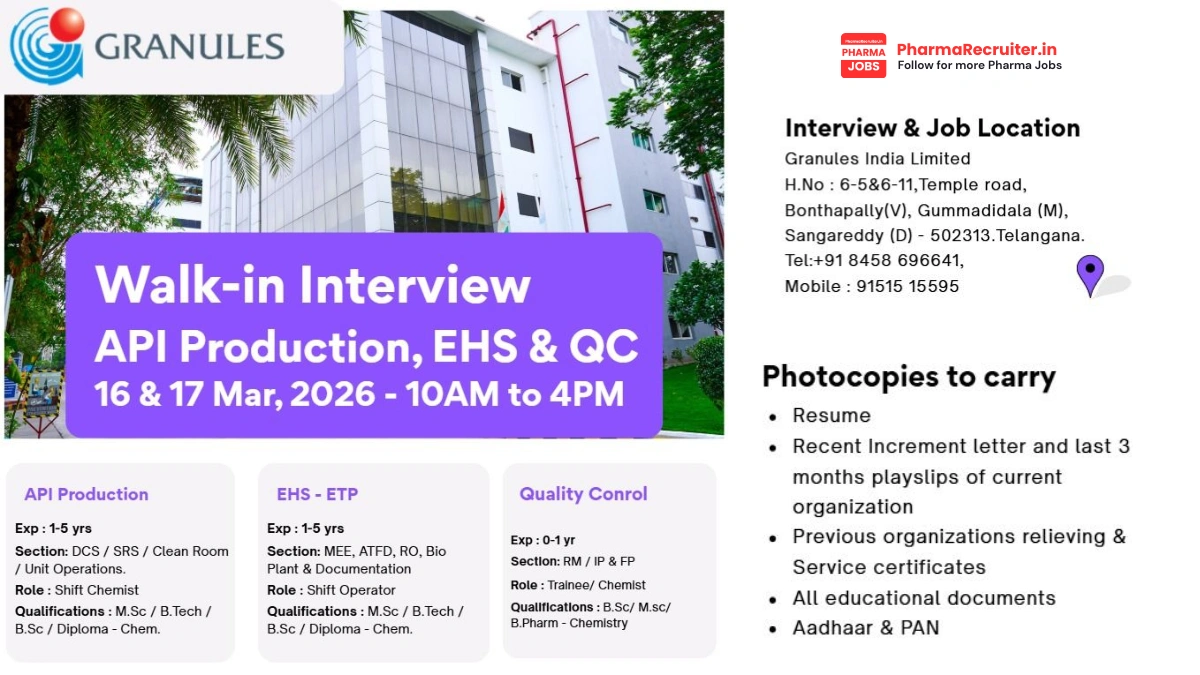 Granules India Walk-in Interview for API Production, EHS & QC Opportunities in Bonthapally