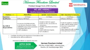 Harman Finochem Limited Hiring QA Professionals for FDF Facility