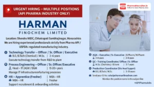 Harman Finochem Limited Hiring – Multiple API Roles