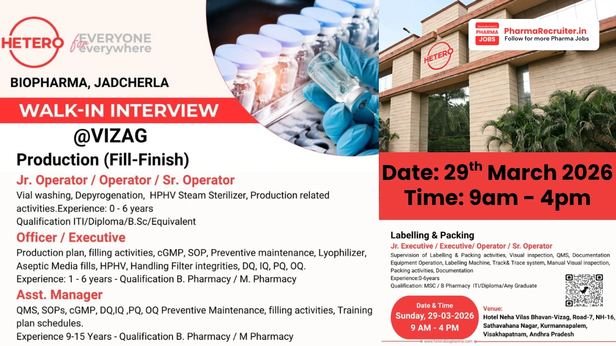 Hetero Biopharma Walk-in Interview – Fill-Finish Production & Labelling, Packing Roles