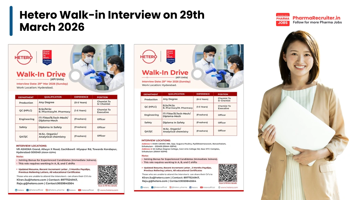 Hetero Walk-in Interview on 29th March 2026
