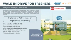 Intas Pharmaceuticals Walk-in Drive for Freshers