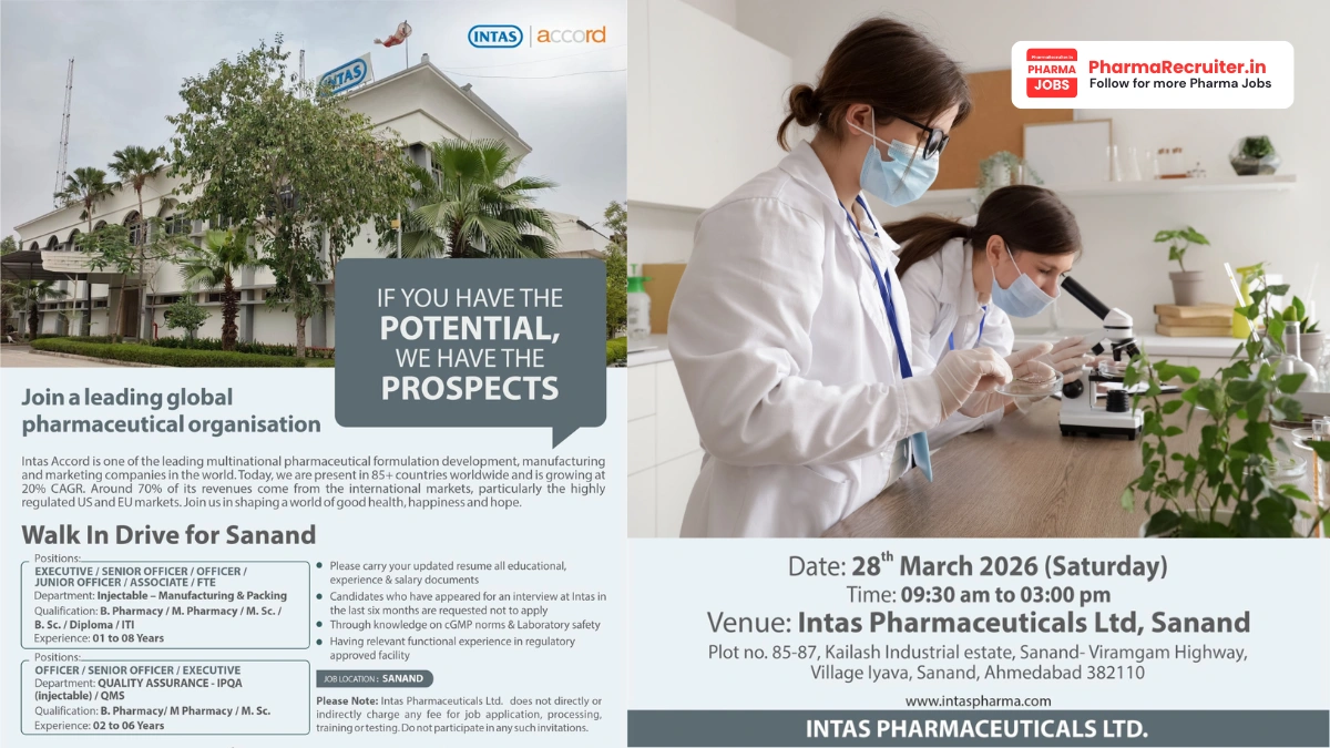Intas Pharmaceuticals Walk-in Drive – Injectable Manufacturing, Packing & QA Roles