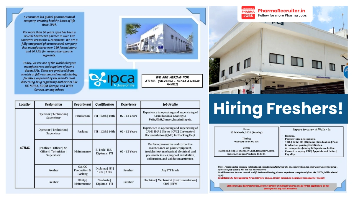 Ipca Laboratories Hiring for Operator, Technician, Supervisor & Officer Roles