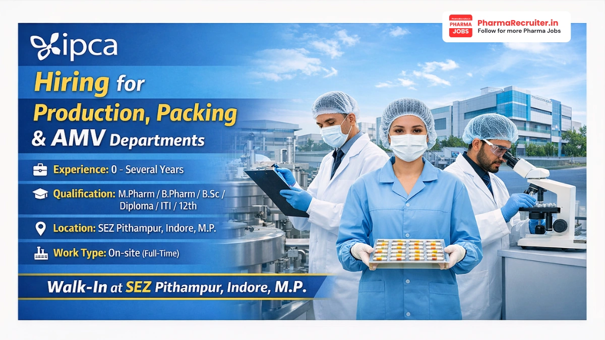 Ipca Laboratories Recruitment 2026 - Production, Packing & Validation Jobs