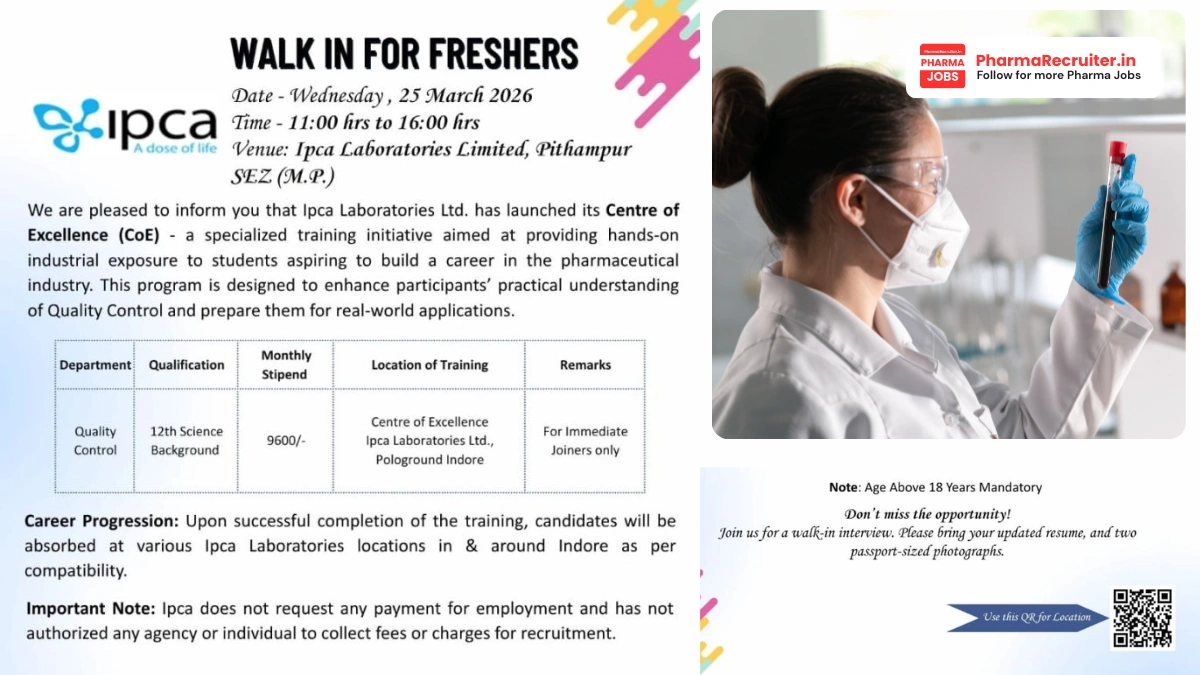 Ipca Laboratories Walk-in for Freshers – Quality Control on 25th March 2026