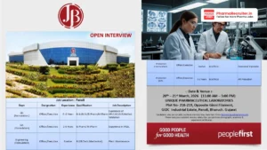 JB Pharma Open Interview – Fresher & Experienced Roles in QC, QA, Production, Engineering at Panoli on 20th–21st March 2026