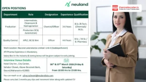 Neuland Laboratories Walk-in Interview for Production & Quality Control Jobs