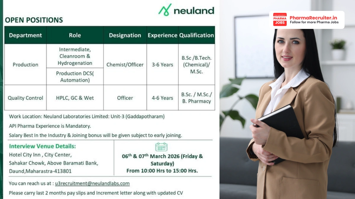 Neuland Laboratories Walk-in Interview for Production & Quality Control Jobs