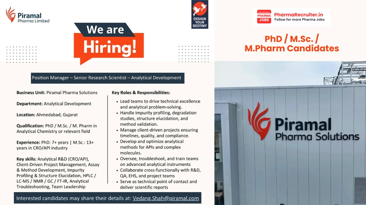 Piramal Pharma Limited is hiring for a Manager - Senior Research Scientist - Analytical Development role