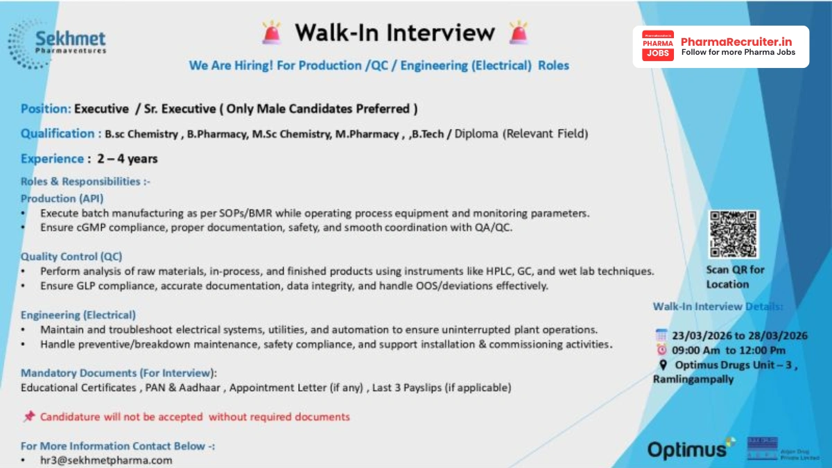 Sekhmet Pharmaventures Walk-in Interview – Executive & Sr. Executive Roles in Production (API), QC & Engineering