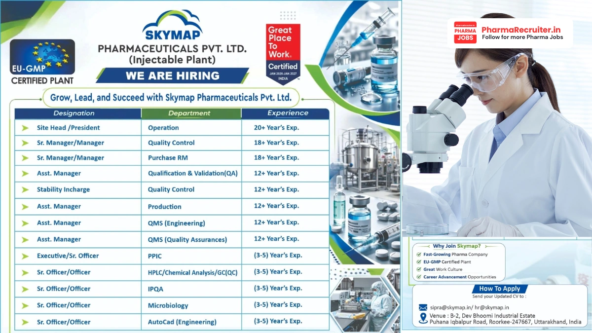 Skymap Pharmaceuticals Pvt. Ltd. Hiring – Senior Leadership & Officer Roles in Production, QC, QA, Validation & Engineering