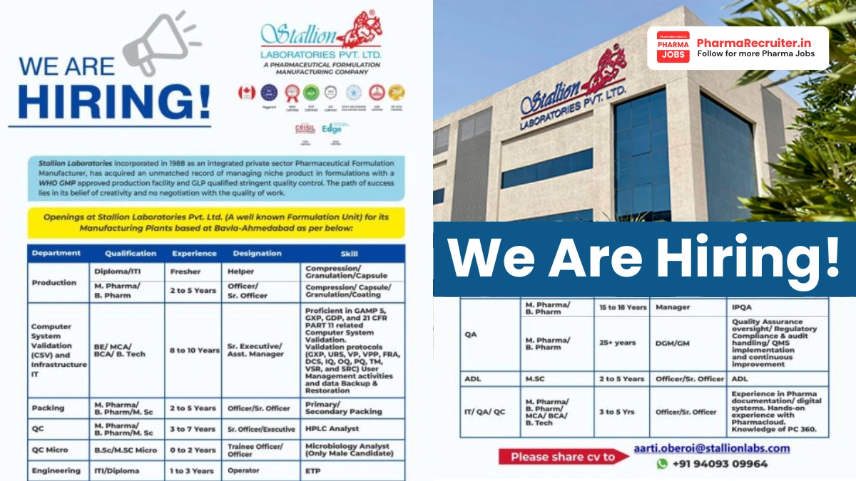 Stallion Laboratories Job Openings for Production, QA, QC, Engineering & IT Roles – Ahmedabad 2026