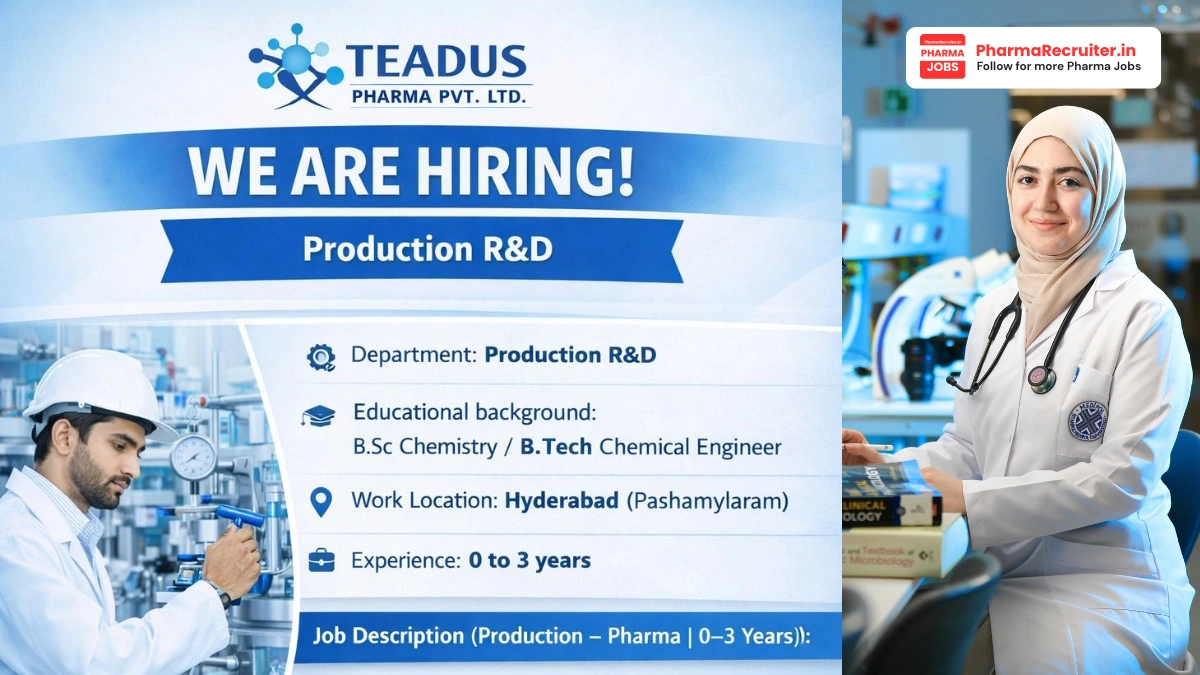 TEADUS Pharma Pvt. Ltd. Hiring – Production R&D Freshers & Early-Career Roles