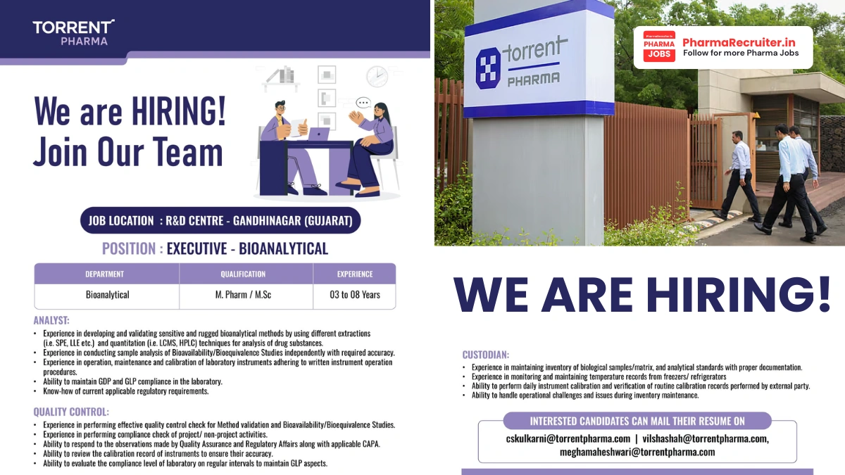 Torrent Pharma Hiring – Executive Bioanalytical
