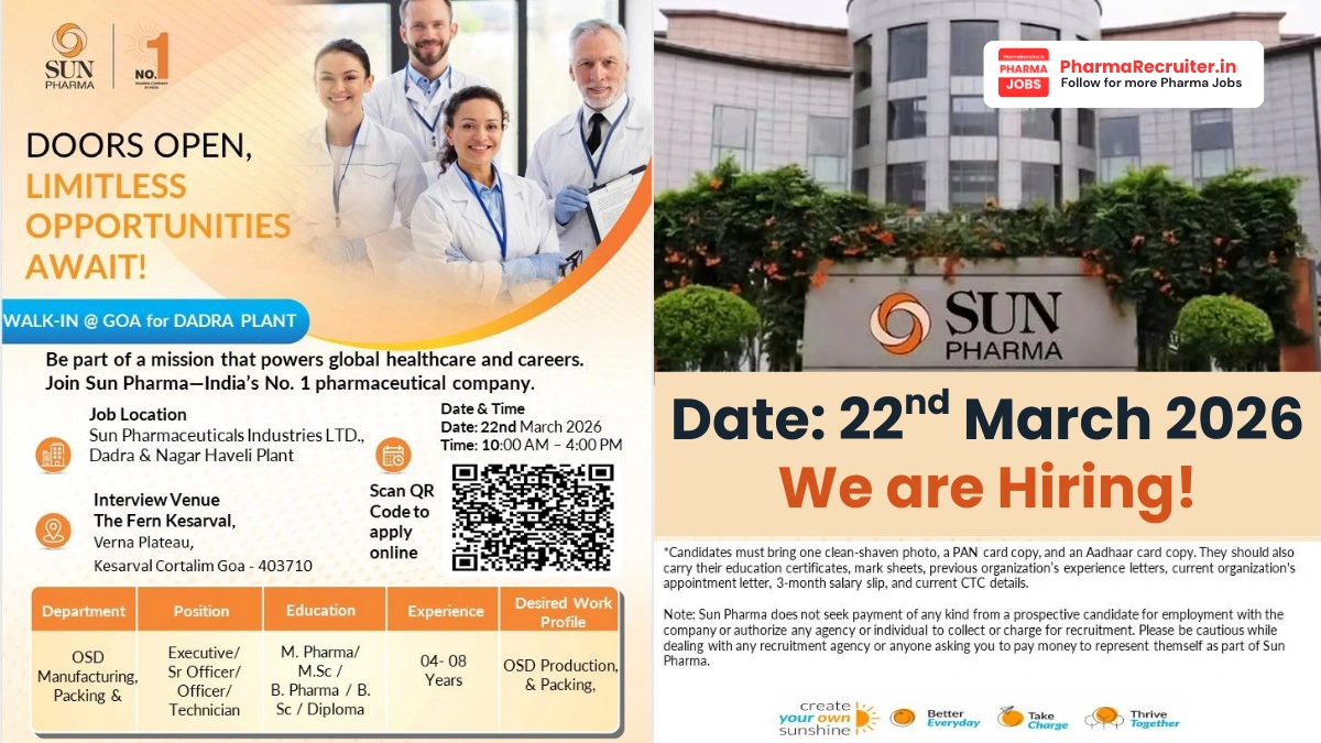 Walk-in Interview at Sun Pharma – OSD Manufacturing & Packing Roles