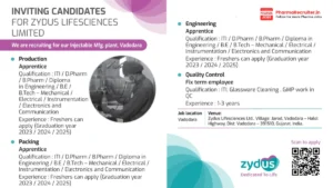 Zydus Lifesciences Limited Recruitment Drive – Apprentice & QC Roles at Vadodara Injectable Plant