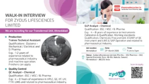 Zydus Lifesciences Limited Walk-in Interview – Production Trainee & QC Analyst Roles at Ahmedabad on 21st March 2026