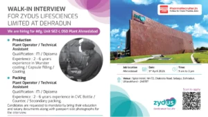 Zydus Lifesciences Walk-In Interview for Production & Packing Jobs at OSD Plant Ahmedabad