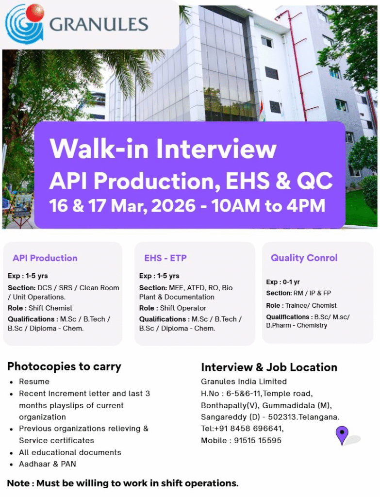 Granules India Walk-in Interview 2026: API Production, EHS & QC Opportunities in Bonthapally