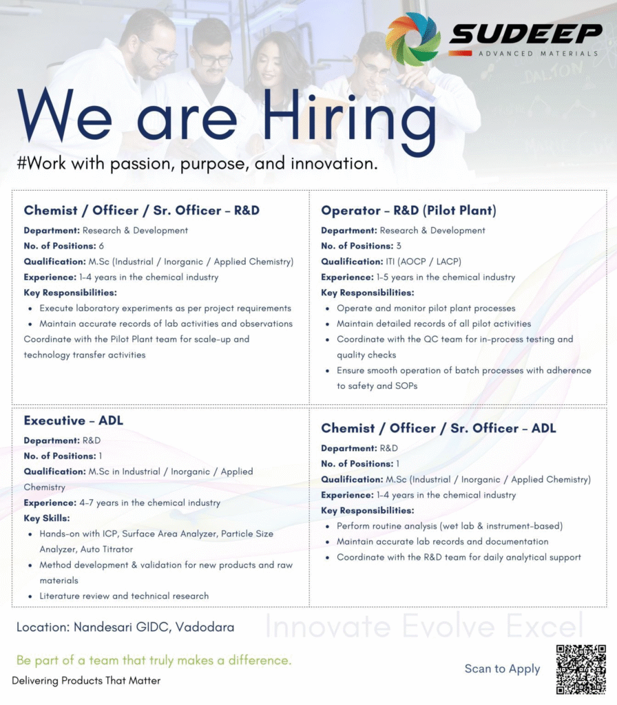 Sudeep Advanced Materials Walk-in / Recruitment Drive 2026: R&D and Pilot Plant Jobs in Vadodara