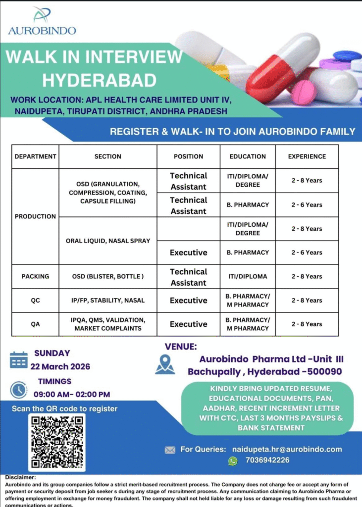 Aurobindo Pharma - Hiring for Production, Packing, QA & QC Jobs
