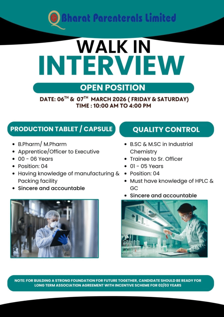 Bharat Parenterals Limited Walk-in Interview for Production & Quality Control Jobs