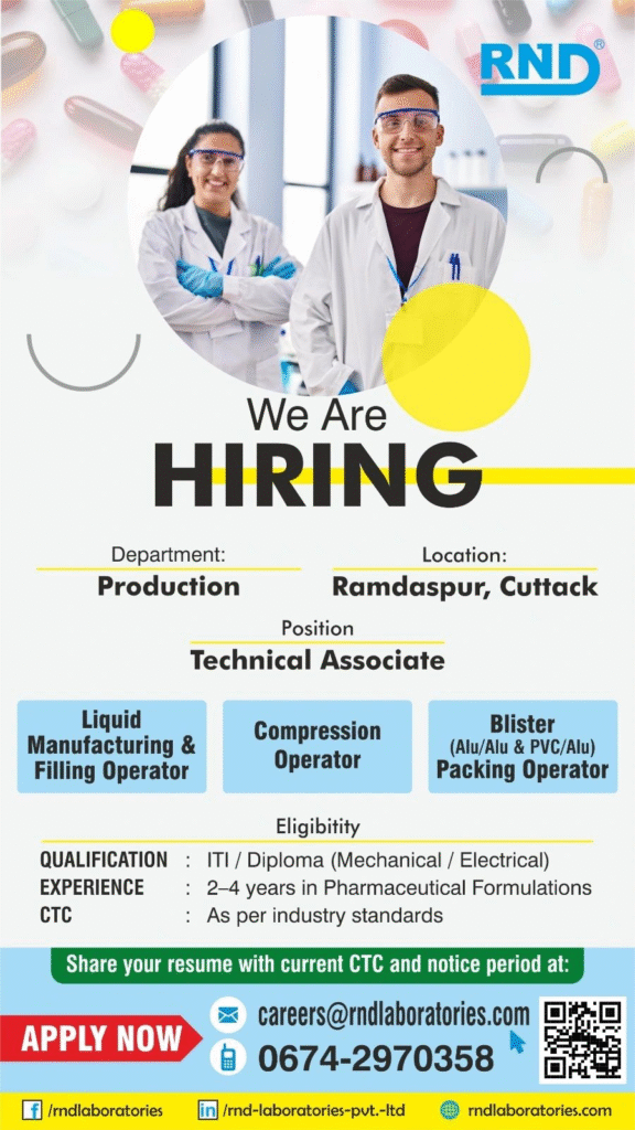 RND Laboratories Hiring – Technical Associate & Operator Roles in Production