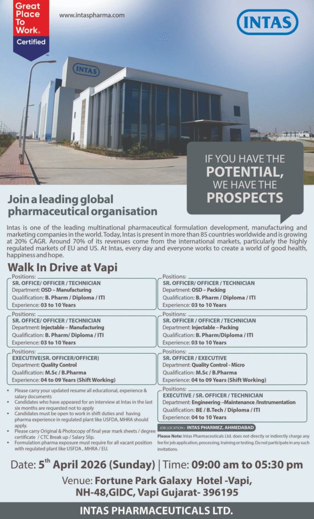 Intas Pharmaceuticals Walk-in Drive – Multiple Positions in OSD, Injectable, QC, Packing & Engineering at Vapi on 5th April 2026