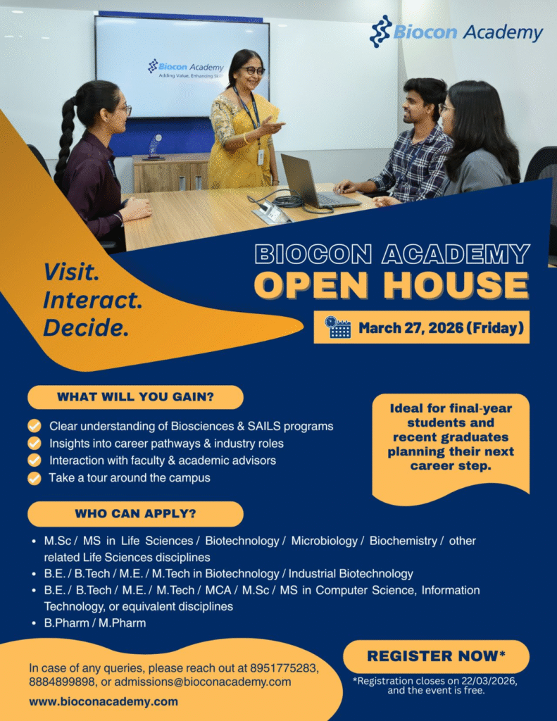 Biocon Academy Open House – March 27, 2026 | Free Event for Biosciences & SAILS Programs in Bangalore