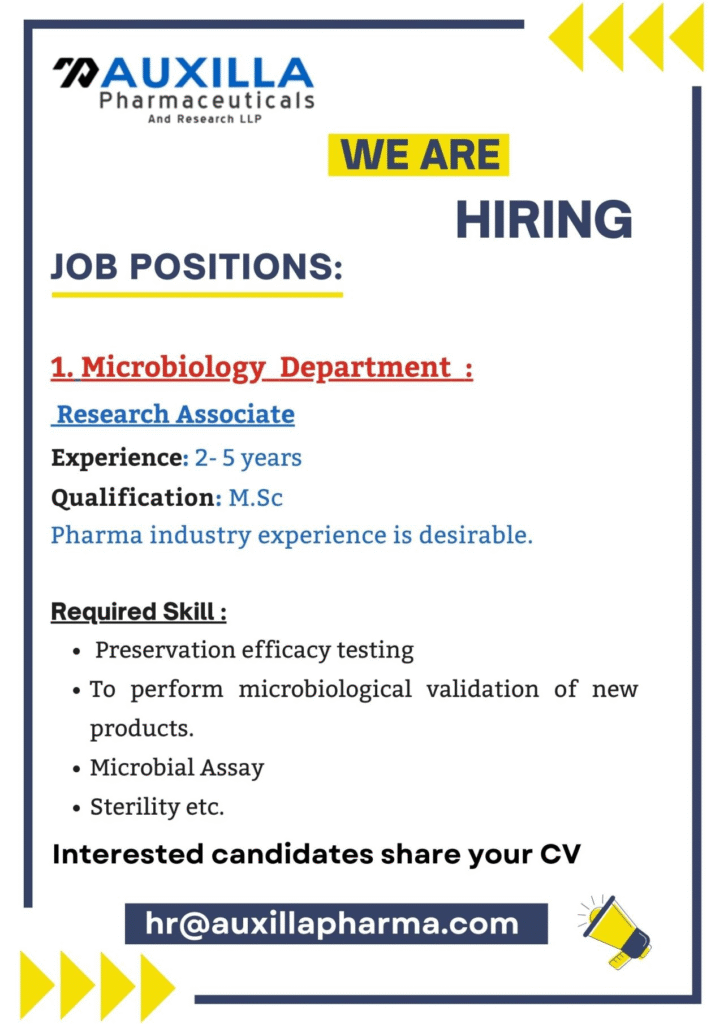 Auxilla Pharmaceuticals And Research LLP – Hiring Research Associate in Microbiology Department