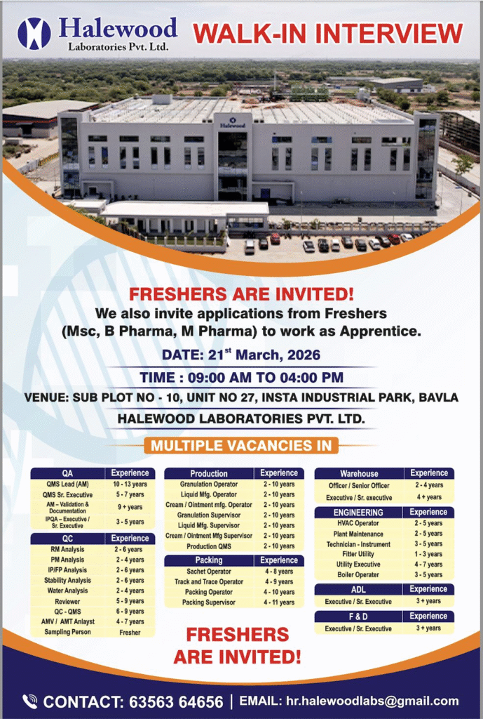Halewood Laboratories Pvt. Ltd. Walk-in Interview – Multiple Vacancies in QA, QC, Production, Packing, Warehouse & Engineering on 21 March 2026