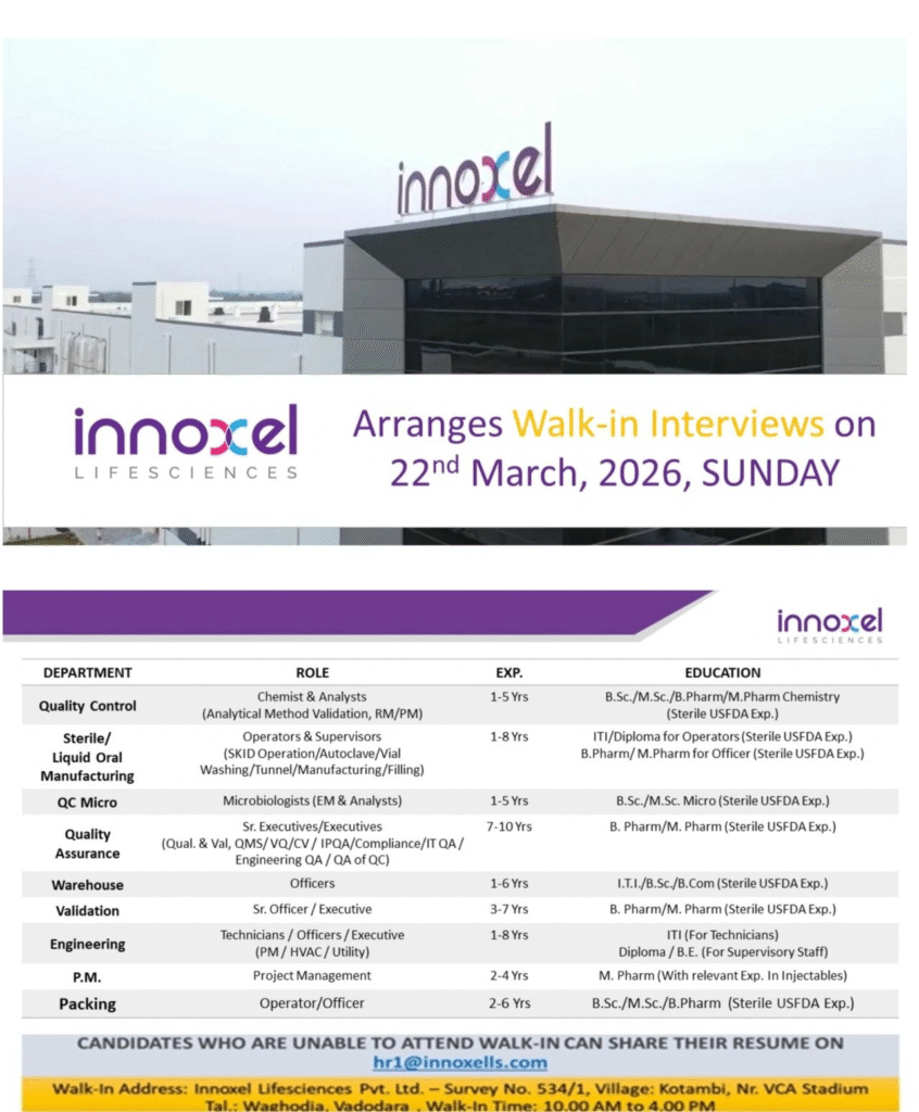 Innoxel Lifesciences Walk-in Interview – Multiple Openings in QC, Production, QA, Validation & Engineering on 22 March 2026
