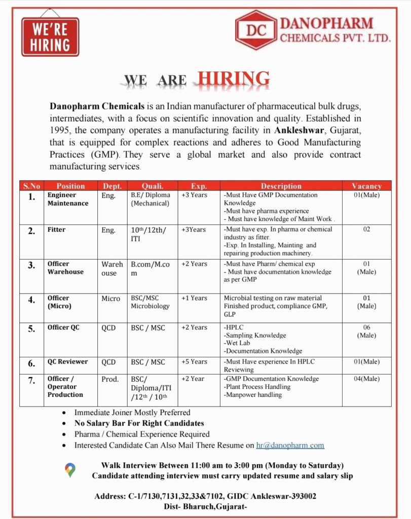 Danopharm Chemicals Pvt. Ltd. Walk-in Interviews – Multiple Vacancies in Production, QC, Engineering, Warehouse & Microbiology in Ankleshwar