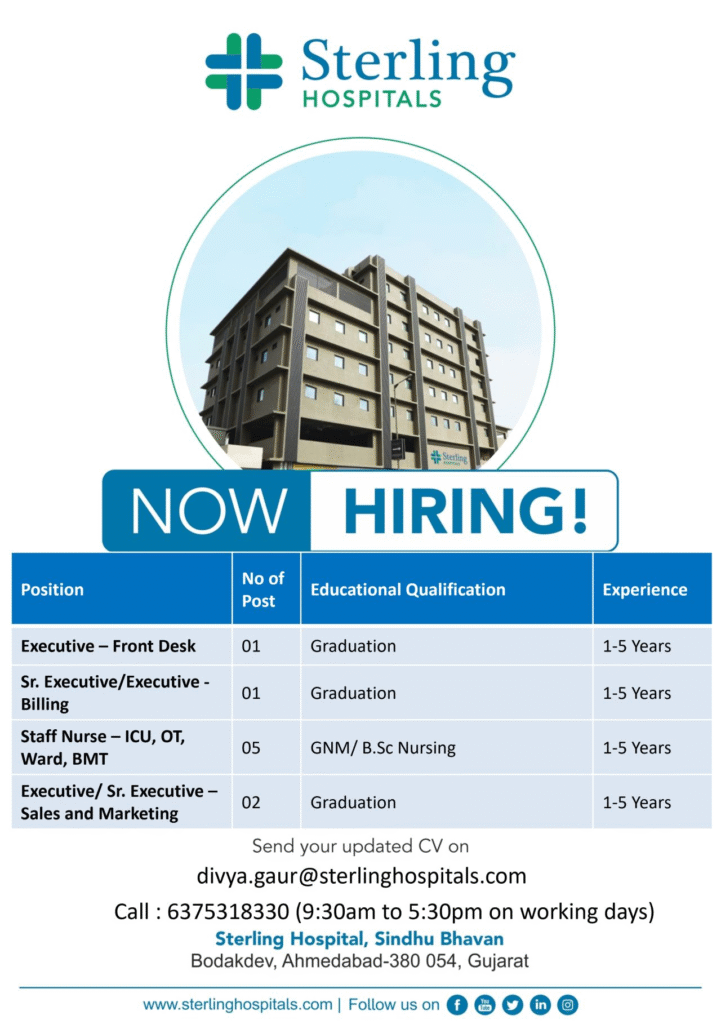 Sterling Hospital Sindhu Bhavan, Ahmedabad – Walk-in & Email Applications Open for Multiple Healthcare Roles