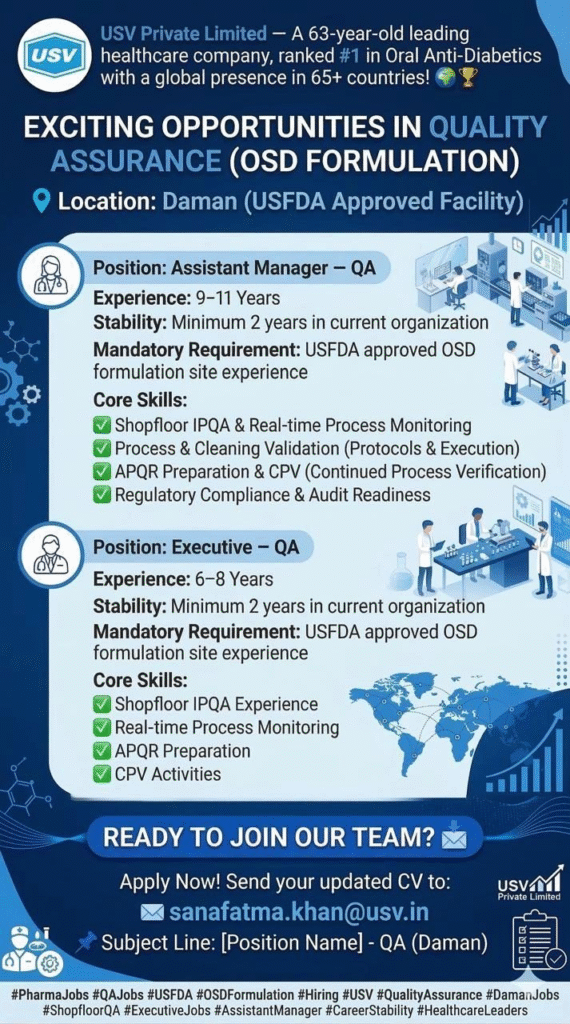 USV Private Limited Hiring – Assistant Manager & Executive QA