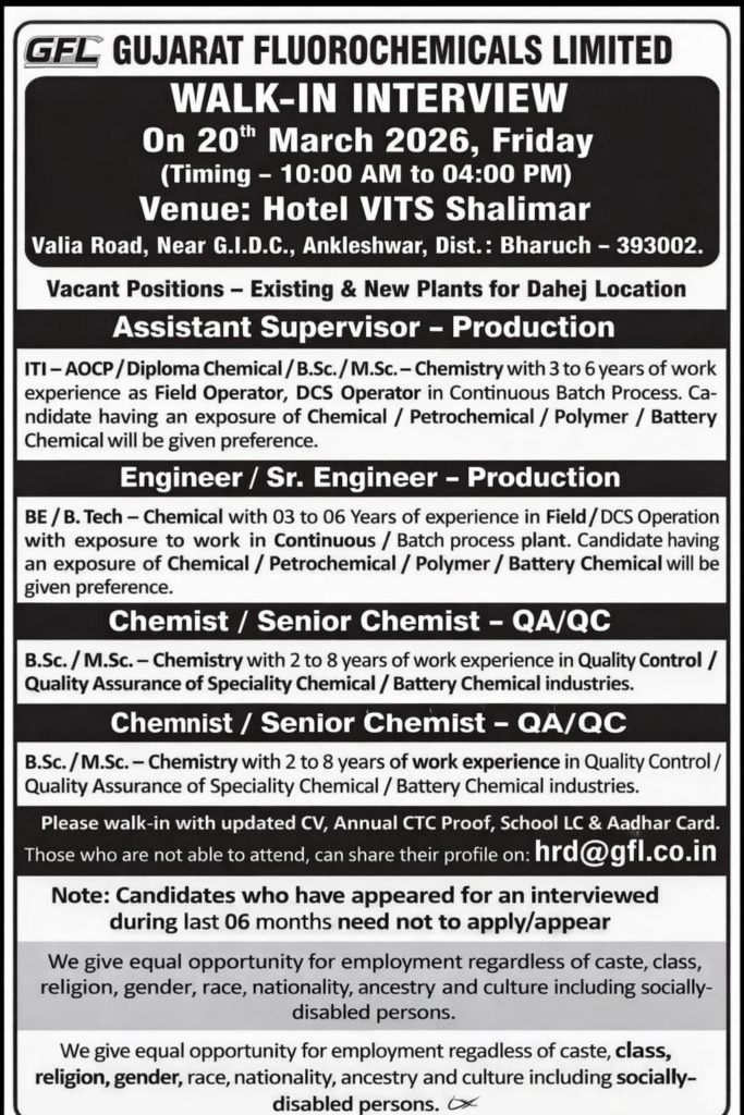 GFL Gujarat Fluorochemicals Limited Walk-in Interview – Production & QA/QC Roles for Dahej Plants on 20th March 2026