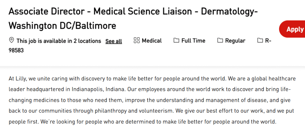 Lilly Hiring – Associate Director Medical Science Liaison (Dermatology) – Washington DC / Baltimore