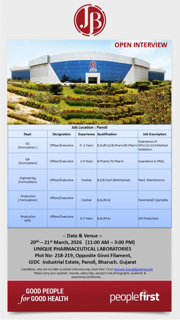 JB Pharma Open Interview – Fresher & Experienced Roles in QC, QA, Production, Engineering at Panoli on 20th–21st March 2026