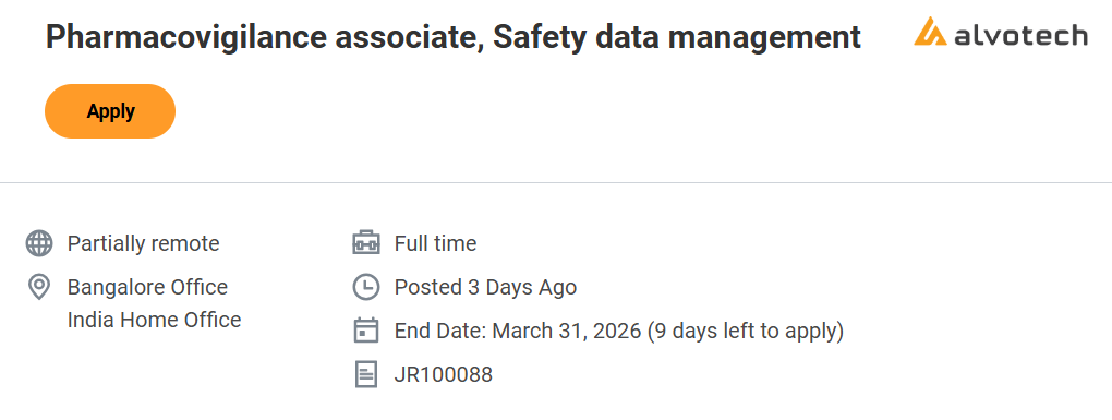 Alvotech Hiring – Pharmacovigilance Associate / Safety Data Management in Bangalore (Partially Remote)